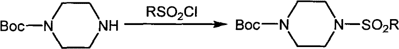 Sulfonylation reaction of N-Boc piperazine with RSO2Cl to form the protected sulfonamide
