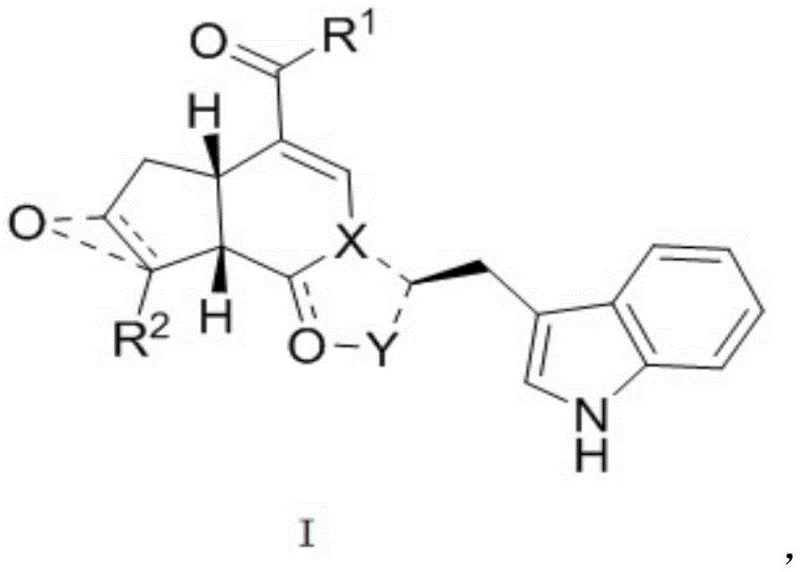 General structural formula (I) of pseudomonoterpene indole alkaloids showing variable R groups