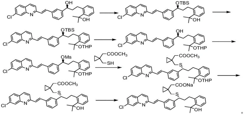 Conventional synthesis route showing complex protection groups and low yield steps