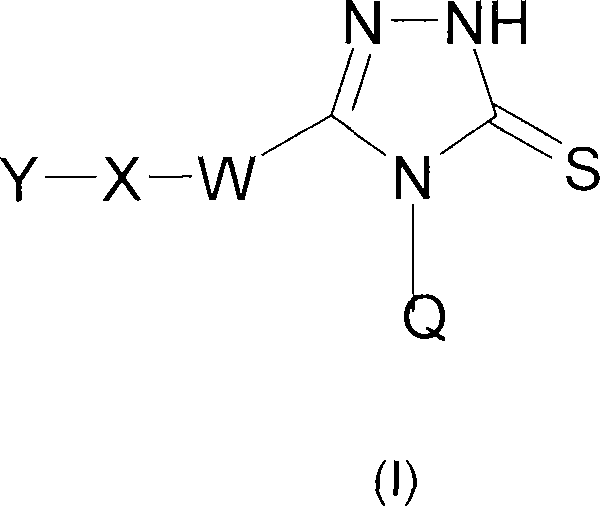 General Formula I of 2,4-dihydro-[1,2,4]triazole-3-thione derivatives showing variable substituents Q, X, W, and Y for MPO inhibition