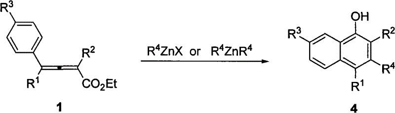Reaction scheme showing the synthesis of multi-substituted 1-naphthols from 2,3-allenoates and organozinc reagents via 1,4-addition and intramolecular cyclization
