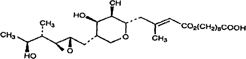 Chemical structure of Mupirocin showing the pseudomonic acid A backbone and ester linkage