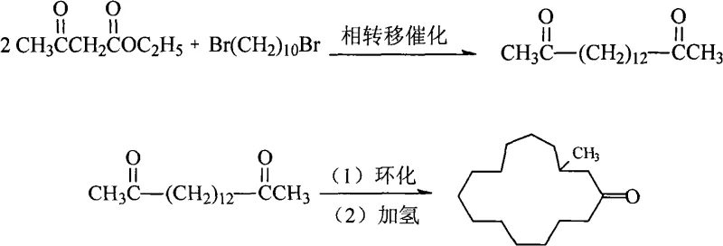 Reaction scheme showing the three-step synthesis of muscone from 1,10-dibromodecane and ethyl acetoacetate via phase transfer catalysis, cyclization, and hydrogenation