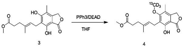 Mitsunobu reaction scheme showing the coupling of Compound 3 with Methanol-13CD3 using PPh3 and DEAD to form Compound 4