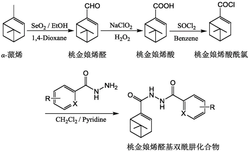Complete synthetic route from alpha-pinene to myrtenal diacylhydrazide compounds