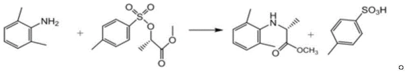 Chemical reaction scheme showing the solvent-free synthesis of N-(2,6-xylyl) methyl aminopropionate from 2,6-dimethylaniline and methyl p-toluenesulfonate propionate