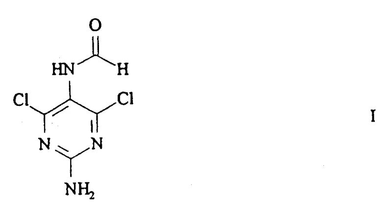 Chemical structure of N-(2-amino-4,6-dichloropyrimidin-5-yl) formamide showing the core pyrimidine ring with amino, chloro, and formamide substituents