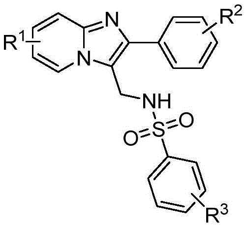 General structural formula of N-((2-phenylimidazo[1,2-a]pyridin-3-yl)methyl)benzenesulfonamides showing variable substituents R1, R2, and R3
