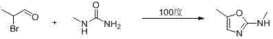 Reaction scheme showing the condensation of 2-bromopropionaldehyde with 1-methylurea at 100 degrees to form N,5-dimethyl-2-oxazolamine