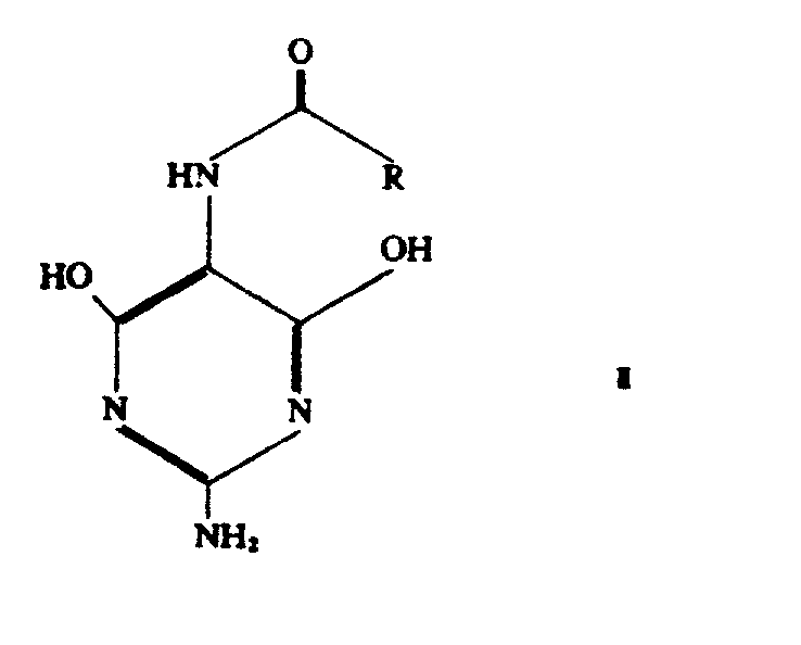 Chemical structure of N-5-protected 4,6-dihydroxy-2,5-diaminopyrimidine intermediate showing hydroxyl groups prior to chlorination