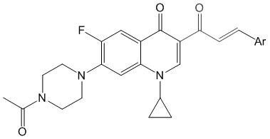 General structural formula of N-acetylciprofloxacin propenone derivatives showing the hybrid fluoroquinolone-chalcone scaffold