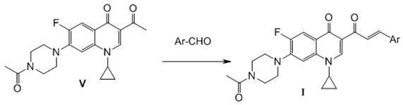 Reaction scheme showing the Claisen-Schmidt condensation of the C-3 acetyl ketone with aromatic aldehydes to form the final propenone derivative