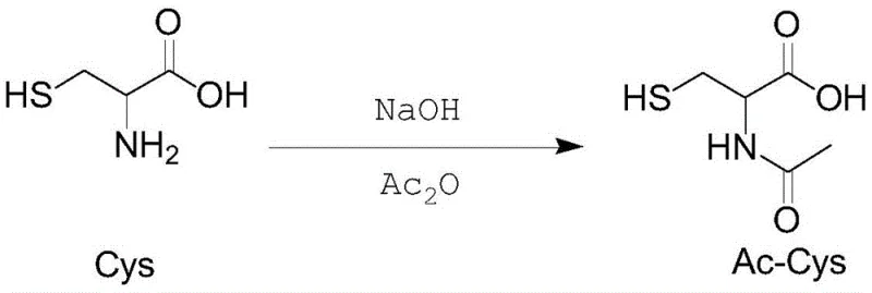 Reaction scheme showing the acylation of Cysteine (Cys) with Acetic Anhydride (Ac2O) in the presence of NaOH to form N-Acetylcysteine (Ac-Cys)