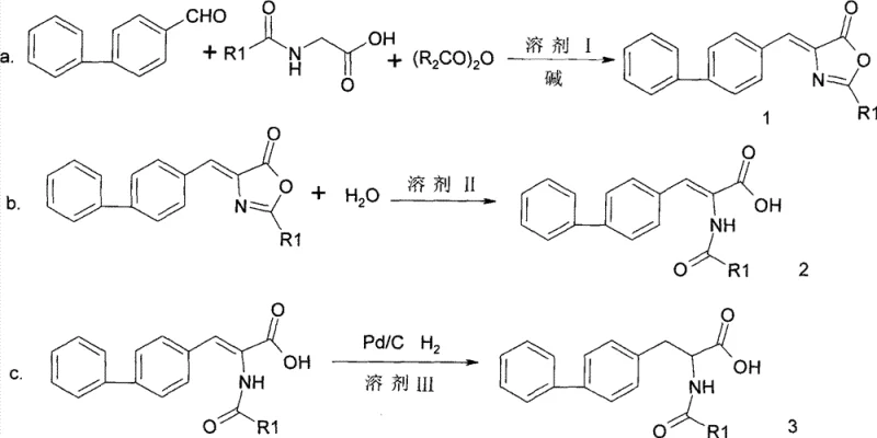 Three-step synthesis route of N-acyl-biphenylalanine involving azlactone formation, hydrolysis, and hydrogenation