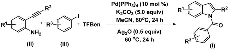 General reaction scheme showing the Pd-catalyzed carbonylation and cyclization of 2-alkynyl aniline and aryl iodide