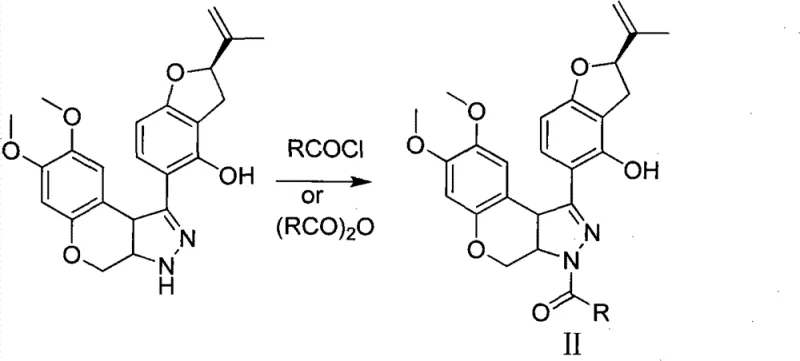 Reaction scheme for Step 1 showing acylation of the pyrazole nitrogen to form N-acylpyrazole rotenol