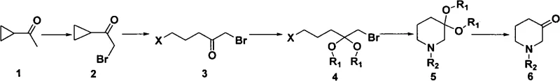 Overall reaction scheme showing the 4-step synthesis from cyclopropyl methyl ketone to N-alkyl-3-piperidone