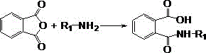 Chemical reaction equation showing the ring-opening of phthalic anhydride with alkylamine to form amic acid intermediate