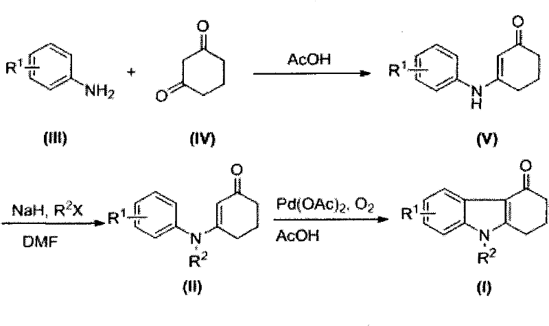 Reaction scheme showing the three-step synthesis of N-alkyl tetrahydrocarbazolone derivatives via condensation, alkylation, and Pd-catalyzed oxidative cyclization