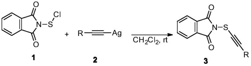 Novel synthesis route of N-alkynylthio phthalimide via reaction of phthalimide sulfur chloride and alkynyl silver reagent