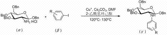 Detailed reaction scheme of the copper-catalyzed coupling step with specific reagents and conditions