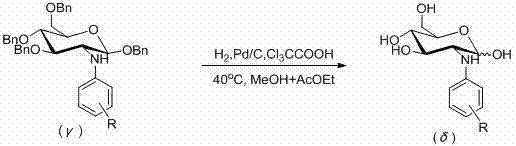Debenzylation reaction step showing conversion of protected intermediate to final N-aryl-D-glucosamine