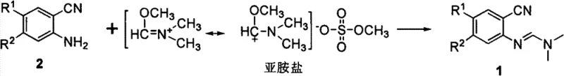 Base-catalyzed coupling of iminium salt with ortho-amino benzonitrile