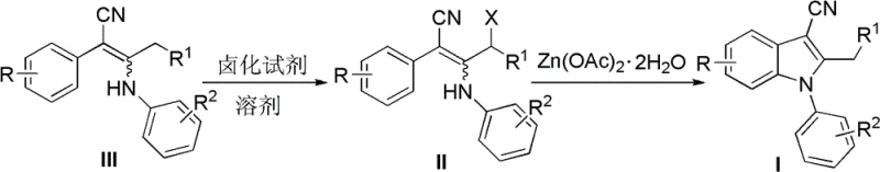 Reaction mechanism showing halogenation and zinc-mediated cyclization steps