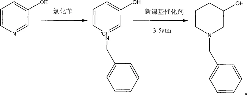 Reaction scheme showing the conversion of 3-hydroxypyridine to N-benzyl-3-piperidinol via quaternary ammonium salt intermediate using novel nickel catalyst