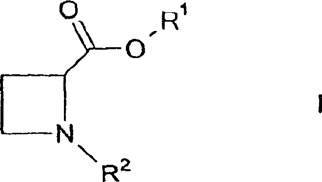 General reaction scheme for the production of N-benzyl azetidine-2-carboxylate showing Formula I structure with R1 and R2 substituents