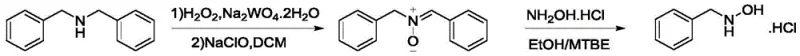 Overall reaction route for high yield preparation of N-benzylhydroxylamine hydrochloride showing dibenzylamine oxidation and subsequent reduction