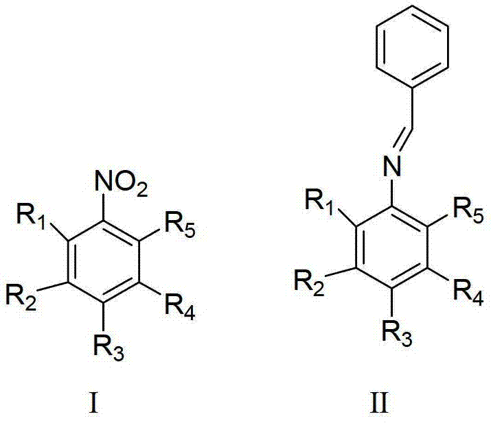 Reaction scheme showing the conversion of nitrobenzene derivatives (Formula I) to N-benzylideneaniline compounds (Formula II) using benzyl alcohol and a supported noble metal catalyst