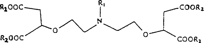 General chemical formula I of N-bis- or N-tris-[(1,2-dicarboxy-ethoxy)-ethyl]amine derivatives showing variable R groups