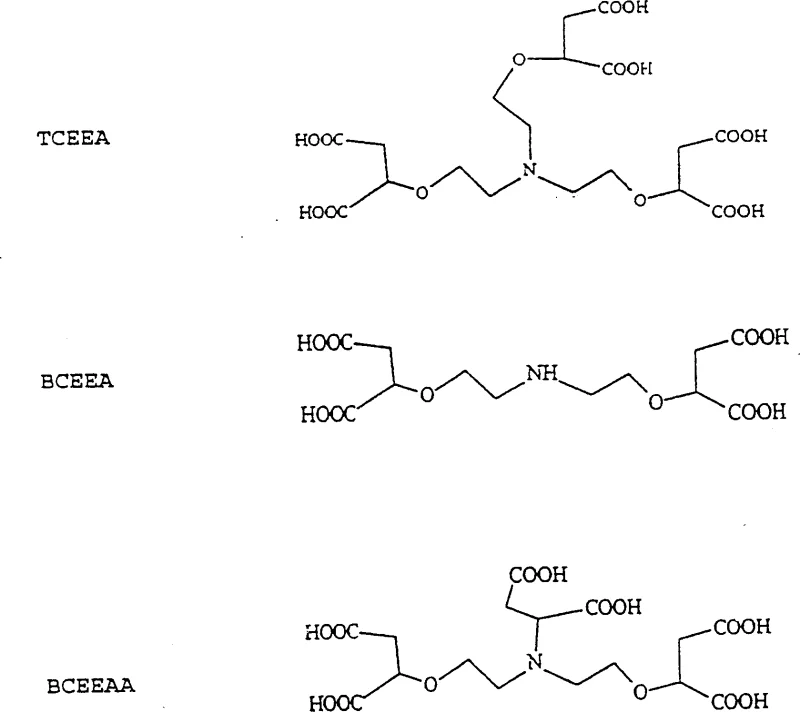Specific chemical structures of TCEEA, BCEEA, and BCEEAA chelating agents
