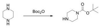 Conventional industrial synthesis route showing direct acylation of piperazine with Boc2O leading to selectivity issues