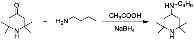 Reaction scheme showing the reductive amination of 2,2,6,6-tetramethylpiperidone with n-butylamine using acetic acid and sodium borohydride