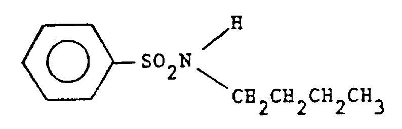 Chemical structure of N-n-butylbenzene sulphonamide showing phenyl ring attached to SO2NH-butyl chain