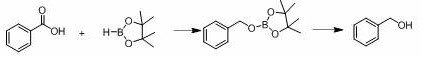 Reaction scheme showing n-butyllithium catalyzed hydroboration of benzoic acid to benzyl alcohol via boronic ester intermediate