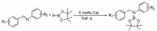 General reaction scheme showing n-butyllithium catalyzed hydroboration of imines to boronic esters