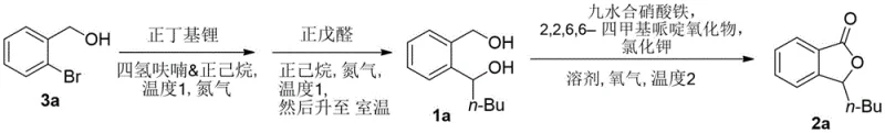 Overall reaction scheme showing the conversion of o-bromobenzyl alcohol to n-butylphthalide via a diol intermediate using iron catalysis