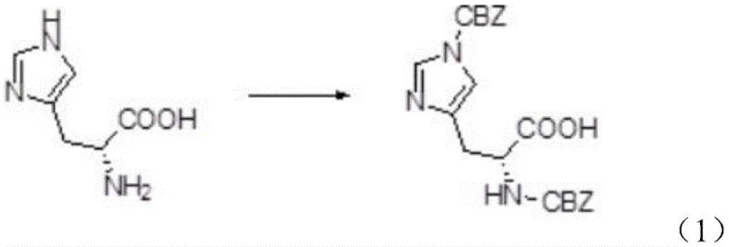 Reaction scheme showing the formation of bis-benzyloxycarbonyl-L-histidine using Z-OSu