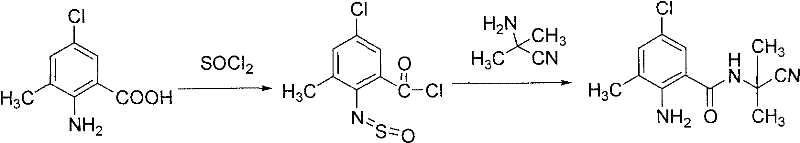 Specific synthesis route for 2-amino-5-chloro-N-(2-cyanopropyl-2-yl)-3-methylbenzamide intermediate