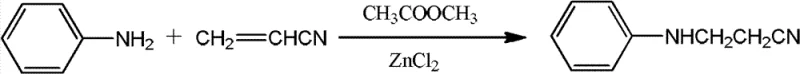 Chemical reaction scheme showing the synthesis of N-cyanoethylaniline from aniline and acrylonitrile catalyzed by zinc chloride and hydrochloric acid