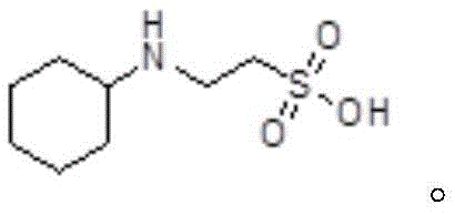 Chemical structure of N-cyclohexyl-2-aminoethanesulfonic acid (CHES) showing the cyclohexyl ring and sulfonic acid group