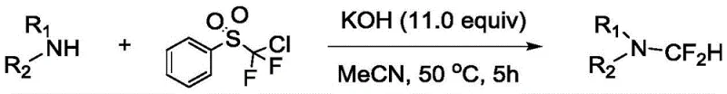 Prior art reaction showing difluoromethylation using chlorodifluoromethyl phenylsulfone and KOH at 50°C
