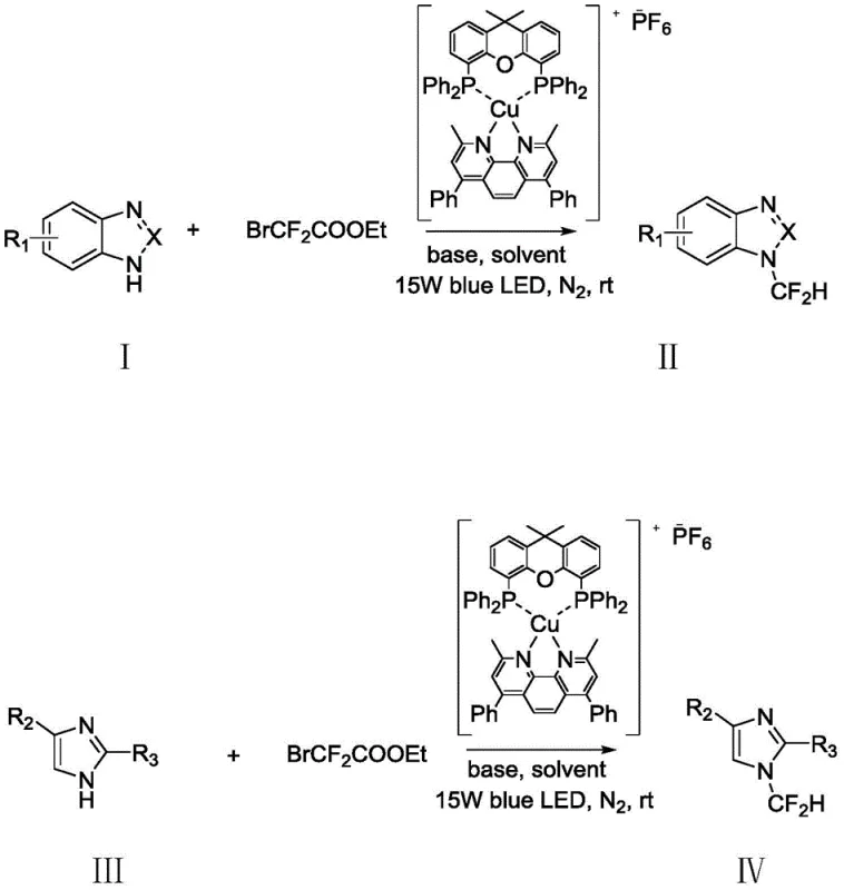 General reaction scheme for N-difluoromethylation of benzimidazoles using ethyl bromodifluoroacetate and photocatalysis