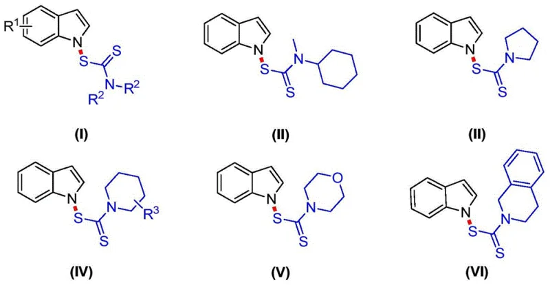 Chemical structures of various N-dithiocarbamate indole derivatives and thiuram reactants