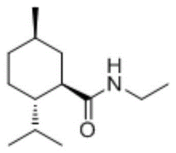 Chemical structure of N-ethyl-L-menthyl formamide showing the specific stereochemistry required for cooling activity