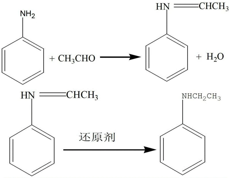 Reaction mechanism showing Aniline and Acetaldehyde forming a Schiff base intermediate followed by reduction to N-ethylaniline