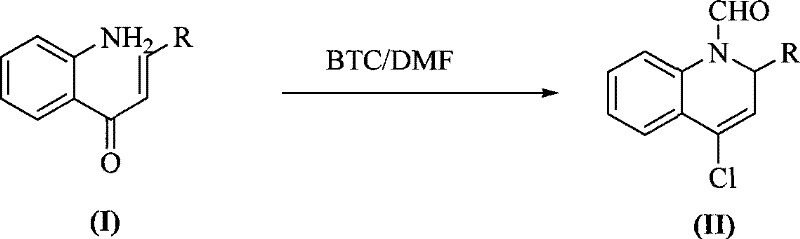 Reaction scheme showing the conversion of substituted o-aminochalcone to N-formyl-4-chloroquinoline derivative using BTC and DMF